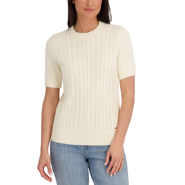 Halston Women's Short Sleeve Cotton Cable Sweater O0