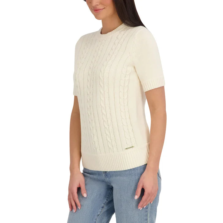 Halston Women's Short Sleeve Cotton Cable Sweater