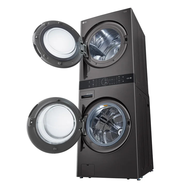 LG Black Steel Single Unit Front Load WashTower with Centre Control 5.2 cu. ft. Steam Washer and 7.4 cu. ft. Steam Gas Dryer