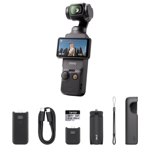 DJI Osmo Pocket 3 Action Camera Bundle with Lexar Silver Plus 256GB SD Card and Battery Handle T8