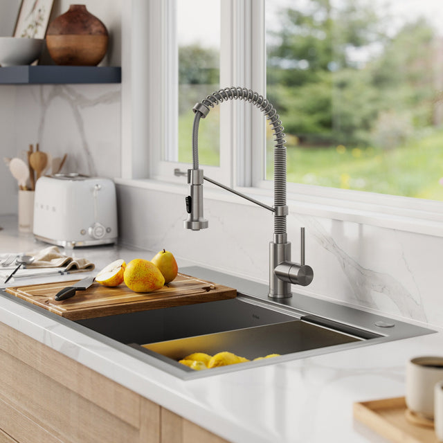 KRAUS 33 in. Workstation Dual Mount Sink with Faucet and Accessories O4