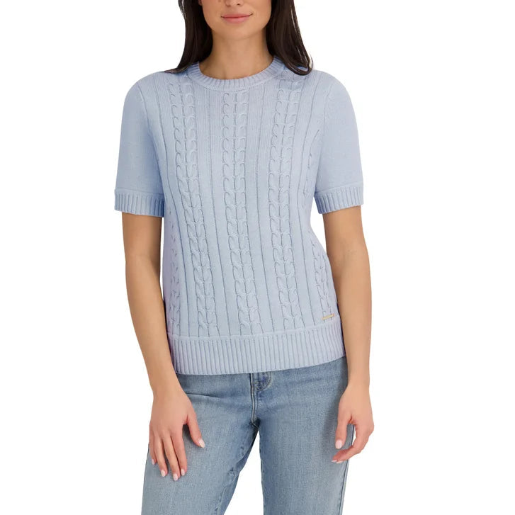 Halston Women's Short Sleeve Cotton Cable Sweater