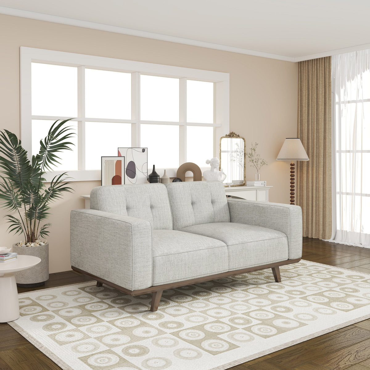 Fabric Loveseat with Solid Oak Base